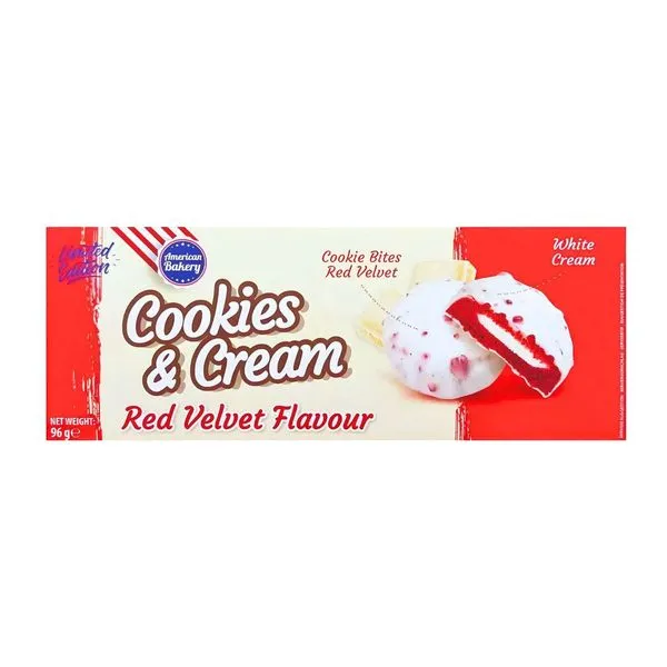 AB Cookies and Cream Red Velvet vörös bársony ízű tejbevonatos keksz 96 g