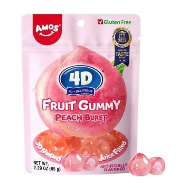 Amos 4D Fruit Gummy Peach Burst baracklével töltött gumicukor 65 g-os zacskóban