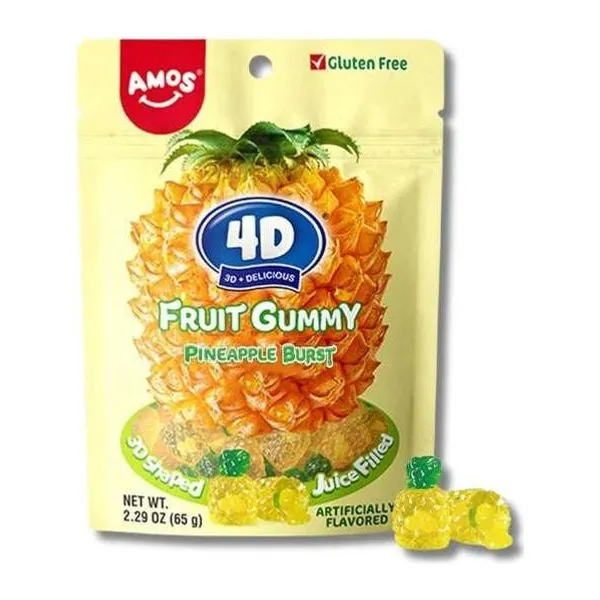 Amos 4D Fruit Gummy Pineapple Burst ananászlével töltött gumicukor 65 g-os zacskóban