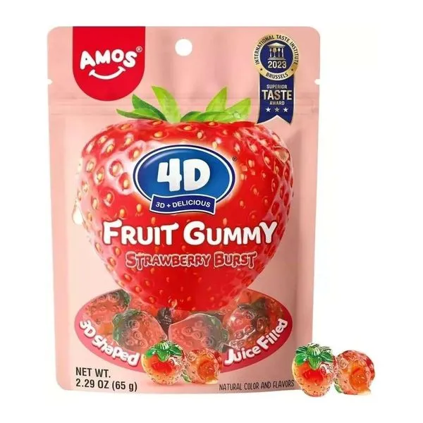 Amos 4D Fruity Gummy Strawberry eperlével töltött gumicukor 65 g-os zacskóban