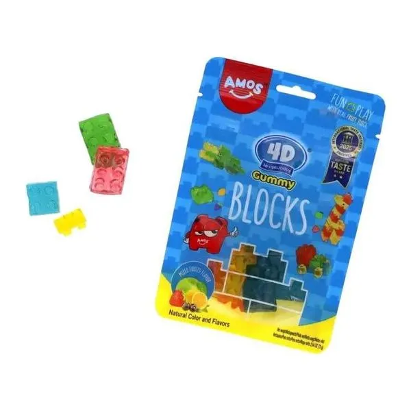 Amos 4D Gummy Blocks építőkocka formájú vegyes gyümölcs ízű gumicukor 72 g-os zacskóban