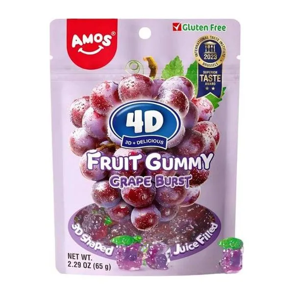 Amos 4D Juicy Burst szőlő ízű hámozható gumicukor 65 g-os kiszerelésben