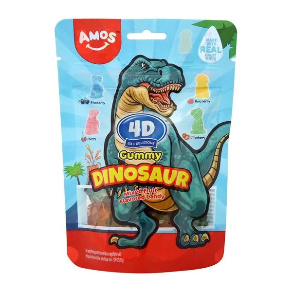 Amos Dinosaur 4D dínó alakú vegyes gyümölcs ízű gumicukor 65 g-os zacskóban