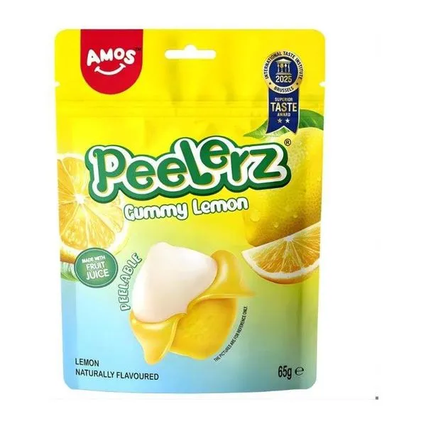 Amos Peelerz Gummy Lemon citrom ízű hámozható gumicukor 65 g-os csomagja