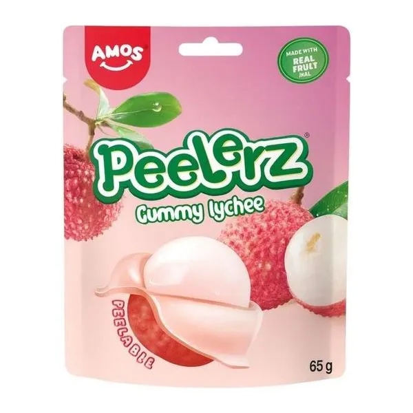 Amos Peelerz Gummy Lychee licsi ízű hámozható gumicukor 65 g-os kiszerelésben