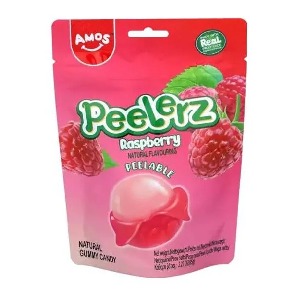 Amos Peelerz Gummy Raspberry málna ízű hámozható gumicukor 65 g-os csomagban