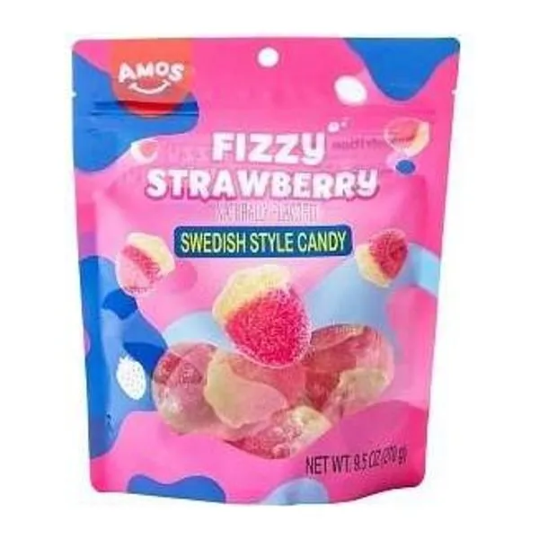 Amos Swedish Style Candy Fizzy Strawberry eper ízű gumicukor 270 g-os zacskóban