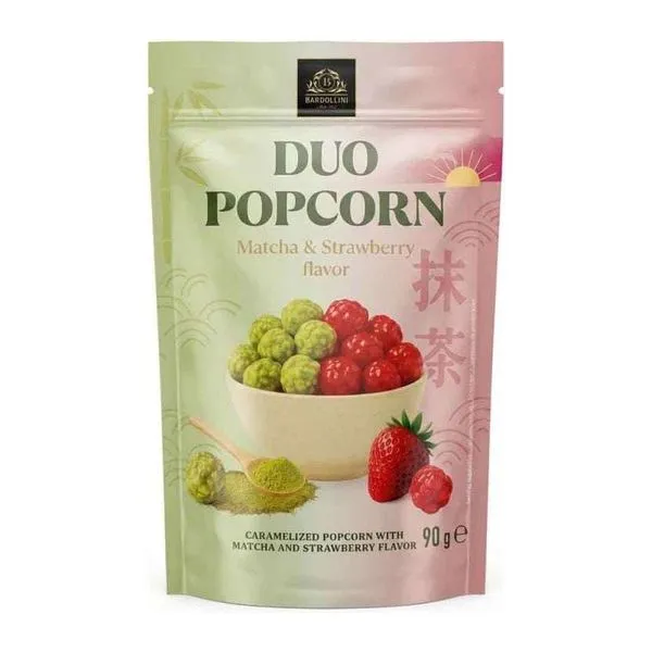Bardollini Duo Popcorn matcha és epres karamellizált popcorn 90 g-os zacskóban