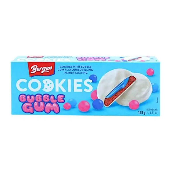 Bergen Cookies Bubble Gum rágógumi ízű sütemény 128 g-os csomagban