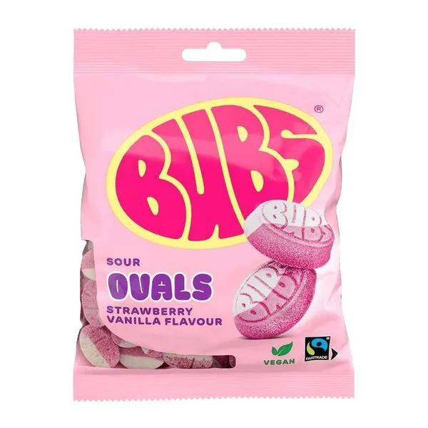 BUBS Ovals Strawberry Vanilla epres-vaníliás savanyú cukorka 90 g-os zacskóban