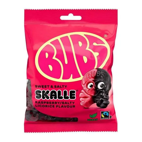 BUBS Skalle Raspberry Salty Liquorice málna-sós édesgyökér ízű lágycukor 90 g-os zacskóban