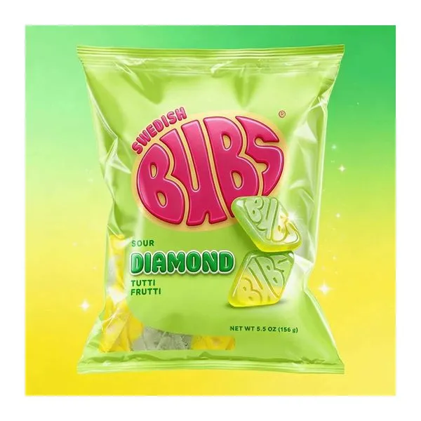 BUBS Sour Diamond Tutti Frutti ízű svéd gumicukor 156 g-os zacskóban