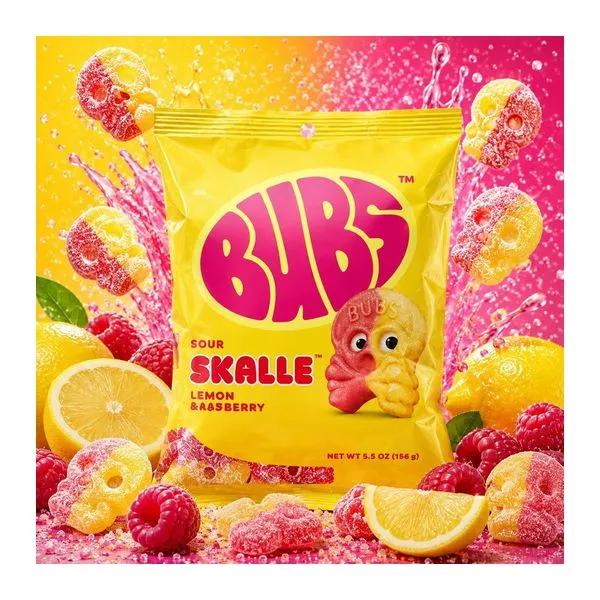 BUBS Sour Skalle Lemon Raspberry koponya formájú citrom-málna ízű lágy cukor 156 g-os zacskóban