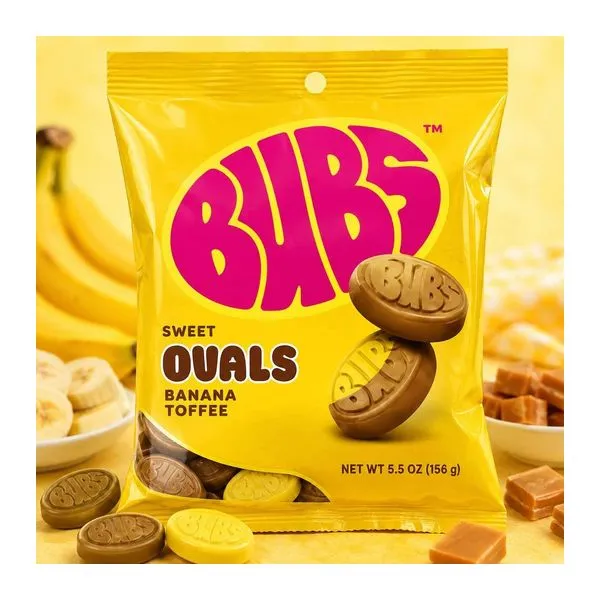 BUBS Sweet Ovals Banana Toffee banán-karamell ízű lágy cukor 156 g-os zacskóban