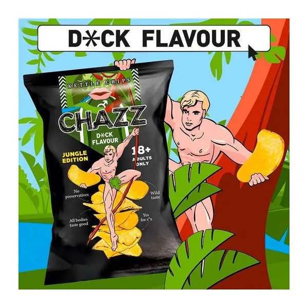 Chazz pénisz ízű burgonyachips 90 g-os zacskóban, 18+ vicces nasi