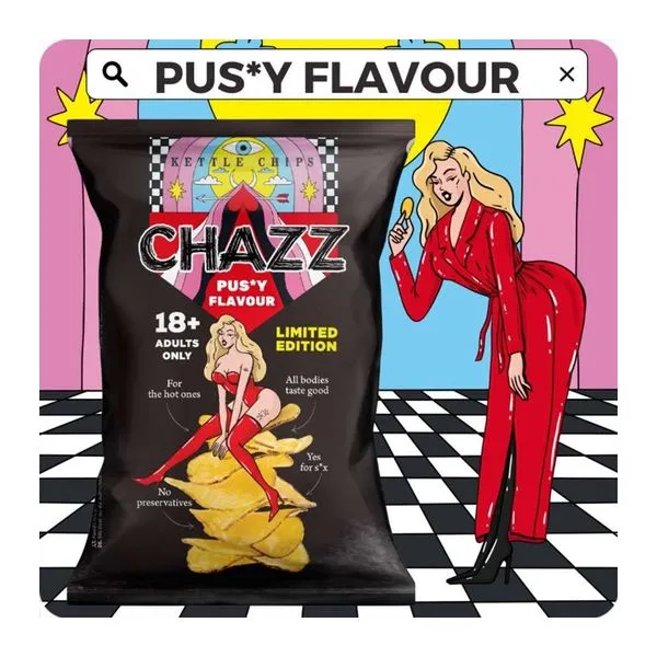 Chazz vagina ízű burgonyachips 90 g-os zacskóban, 18+ vicces nasi