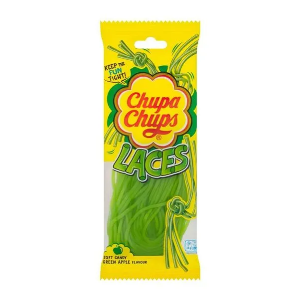 Chupa Chups Laces Green Apple zöldalma ízű gumicukor madzag 90 g-os zacskóban