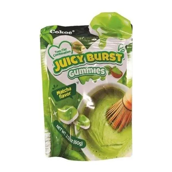 COKOC Juicy Burst Matcha ízű töltött gumicukor 60 g-os zacskóban