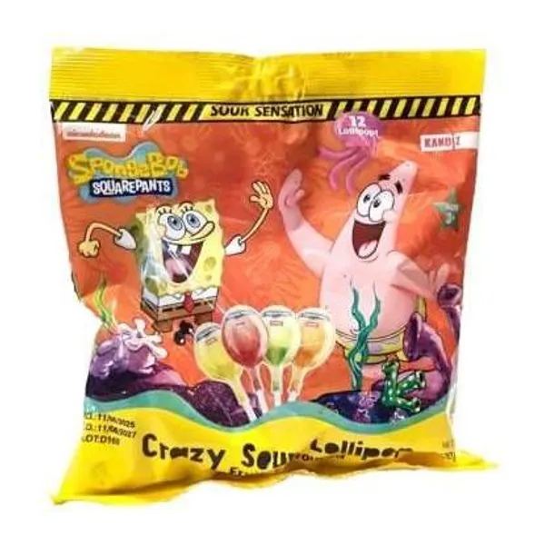 Crazy Sour Lollipop Spongyabob savanyú nyalókák 120 g-os csomagban
