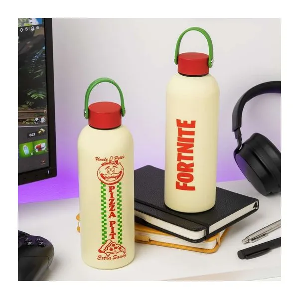 Fortnite Pizza Pit dizájnú fém kulacs hordfüllel, 500 ml