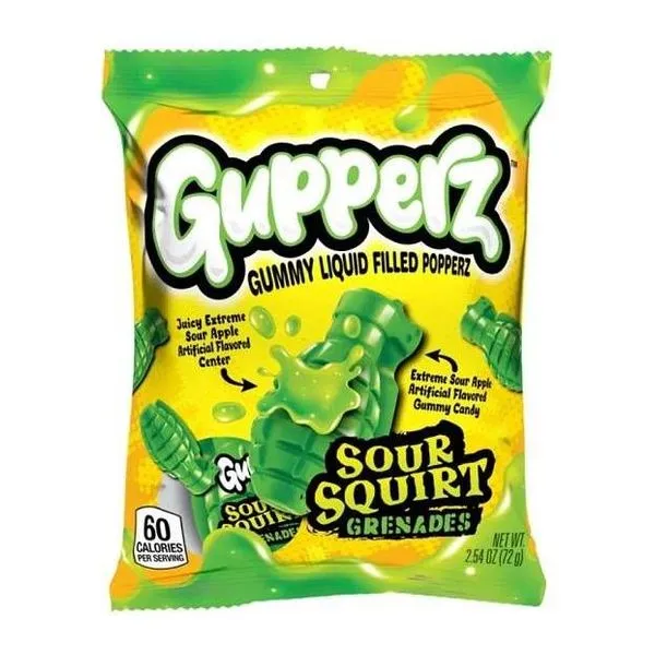 Gupperz Sour Squirt Grenades savanyú töltött gumicukor 72 g-os csomagban