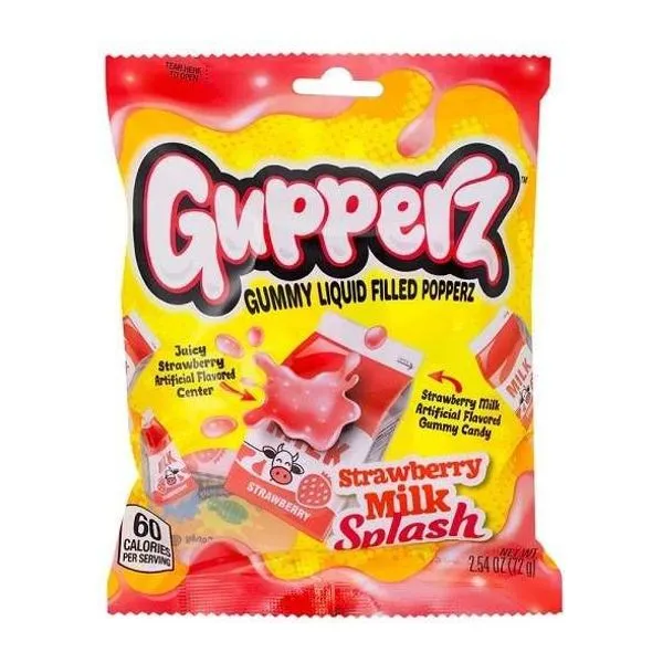 Gupperz Strawberry Milk Splash epres tej ízű töltött gumicukor 72 g-os csomagban