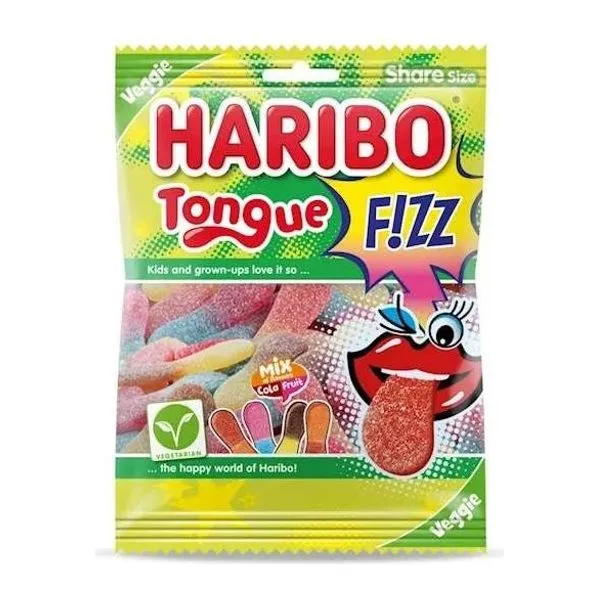 Haribo Tongue Fizz gyümölcsös-kólás savanyú gumicukor 185 g-os zacskóban