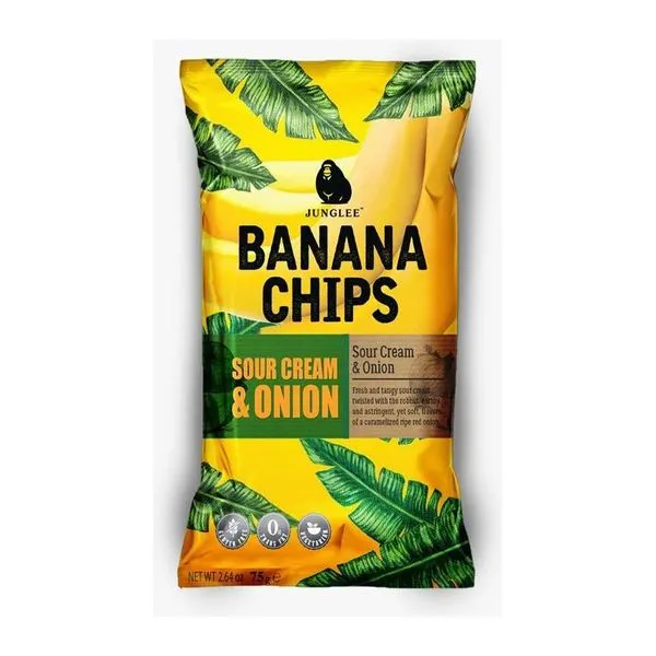 Junglee Banana Chips tejfölös-hagymás ízű banánchips 75 g-os zacskóban