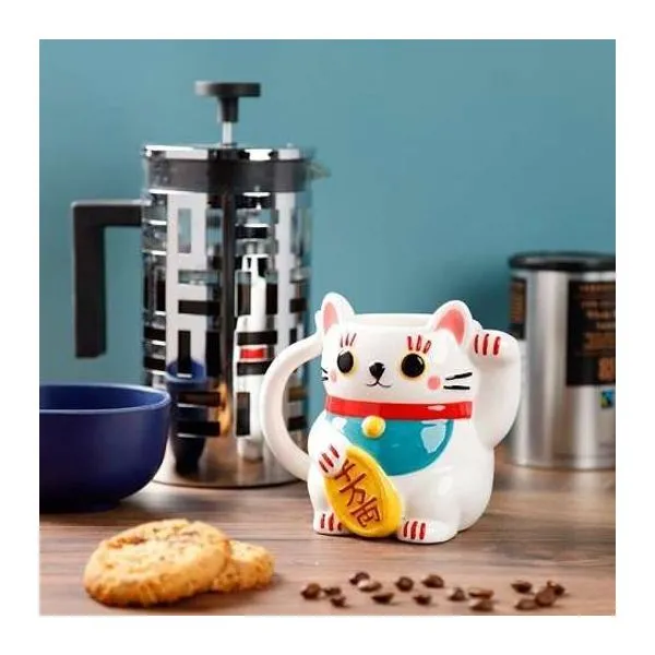 Fehér kerámia Maneki Neko szerencsehozó macska bögre 450 ml