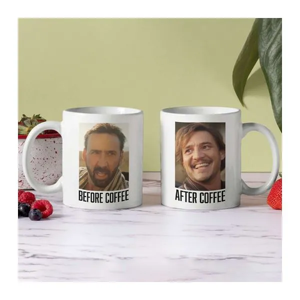 Meme before after coffee bögre Nicolas Cage és Pedro Pascal arcával, kétoldali nyomattal