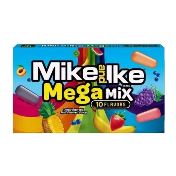 Mike and Ike Megamix gyümölcsös rágós drazsé válogatás 120 g-os dobozban