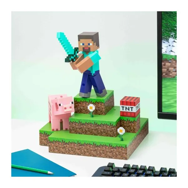 Minecraft Steve diorámás hangulatvilágítás TNT blokk kapcsolóval
