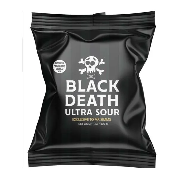 Mr Simms Black Death Ultra Sour citromos ultra savanyú cukor 100 g-os tasakban