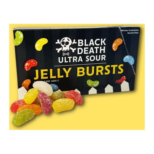 Mr Simms Black Death Ultra Sour Jelly Bursts savanyú drazsé mozis dobozban, 100 g