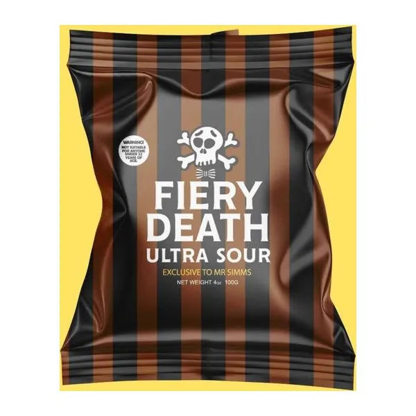 Mr Simms Fiery Death Ultra Sour chilis ultra savanyú cukor 100 g-os kiszerelésben