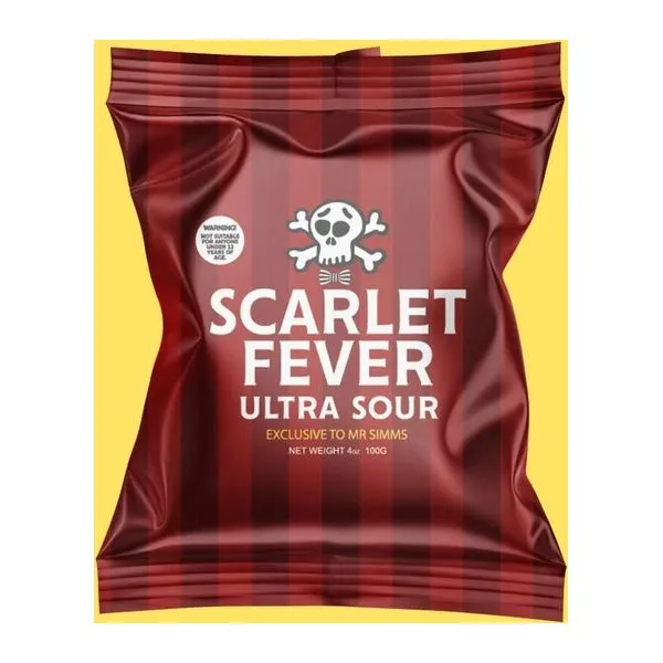 Mr Simms Scarlet Fever Ultra Sour cseresznye ízű ultra savanyú cukor 100 g-os kiszerelésben