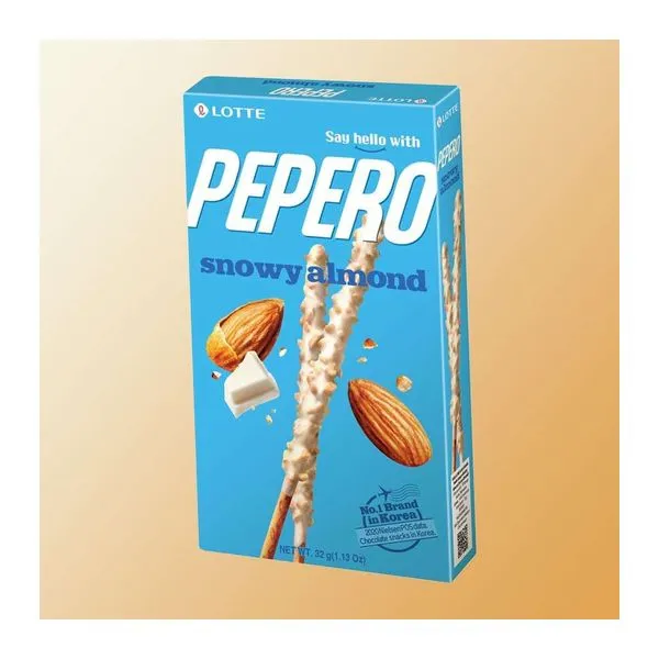 Pepero Snowy Almond fehércsokoládés mandulás ropi 32 g-os csomagolásban