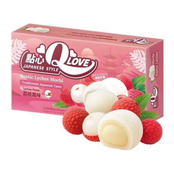 QLove Exotic Lychee licsi ízű mini mochi 80 g-os csomagban