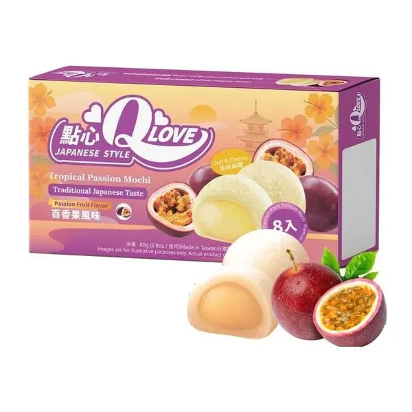 QLove Passion Fruit Premium Filling maracuja ízű mini mochi 80 g-os csomagban