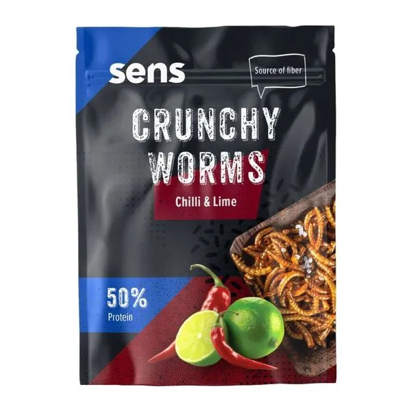 Sens Crunchy Worms chili és lime ízű ropogós lisztkukac snack 12 g-os kiszerelésben