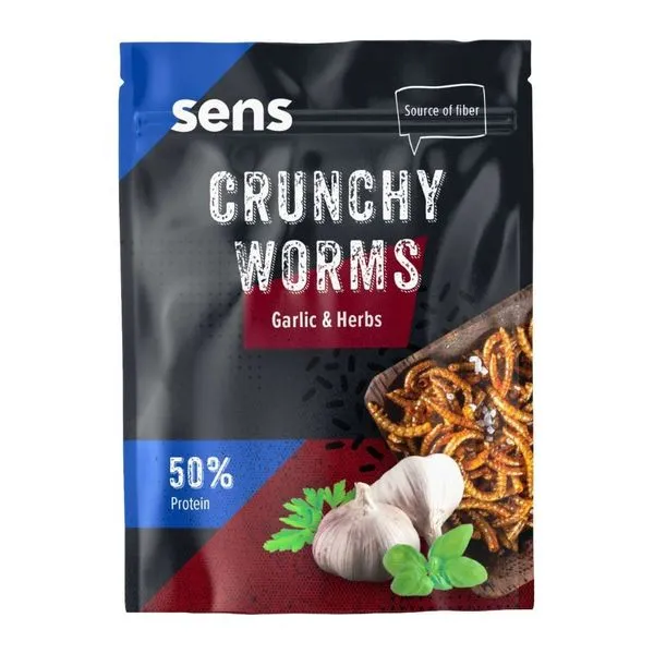 Sens Crunchy Worms fokhagyma és gyógynövény ízű lisztkukac snack 12 g-os kiszerelésben