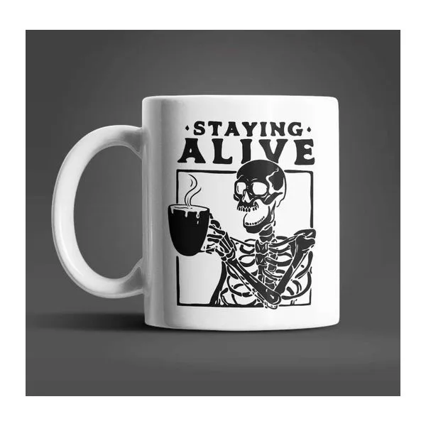 Staying Alive feliratú csontvázas fehér kerámia bögre