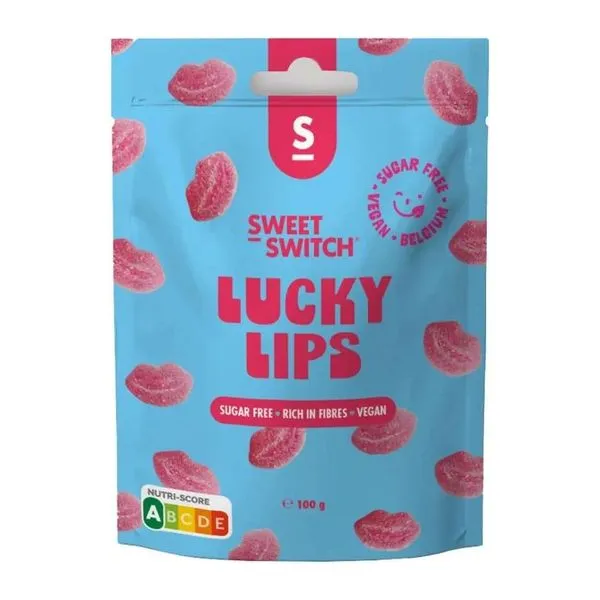 Sweet-Switch Lucky Lips ajak alakú málna ízű cukormentes gumicukor 100 g