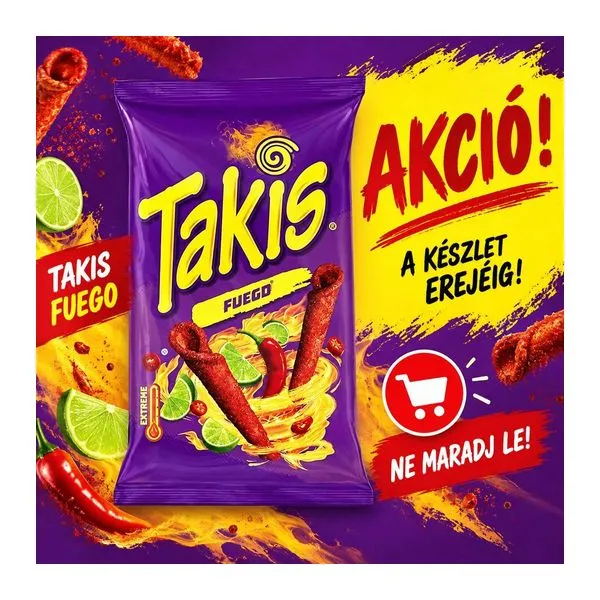 Takis Fuego Hot Chili Lime tekercs formájú chips 100 g-os zacskóban