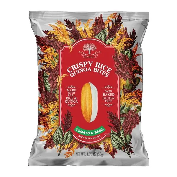 Temole Crispy Rice Quinoa Bites paradicsom és bazsalikom ízű snack 50 g-os zacskóban