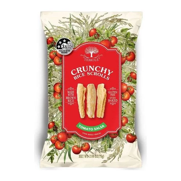 TEMOLE Crunchy Rice Scrolls Tomato Salsa ropogós rizstekercs 75 g-os zacskóban