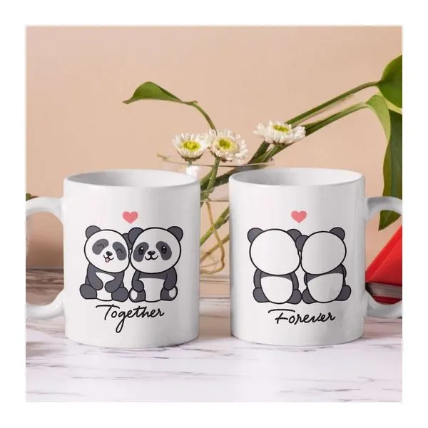 Pandás Together Forever mintájú páros fehér kerámia bögrék