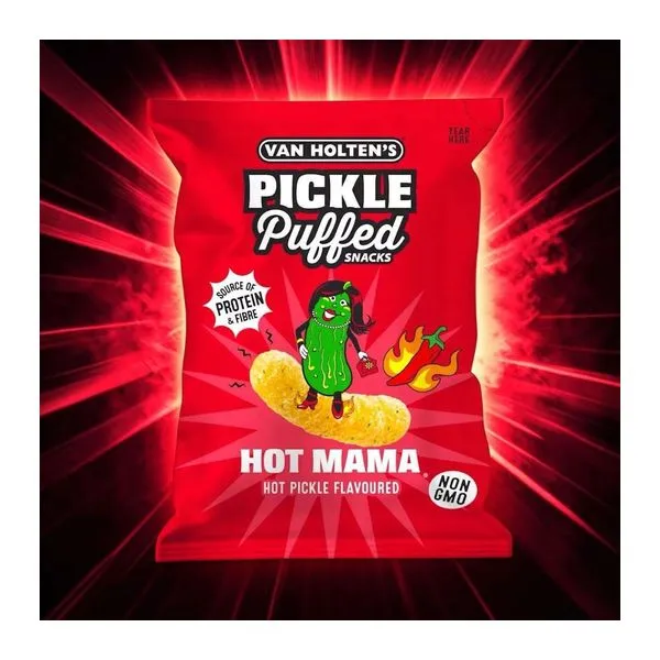 Van Holtens Hot Mama Pickle Puffs csípős uborka ízű lencsechips 90 g-os csomagja