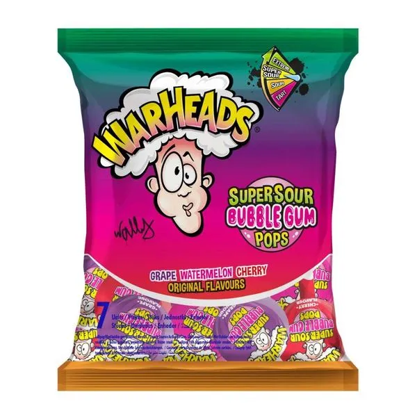 Warheads Bubble Gum Pops savanyú nyalókák 7 darabos csomagban