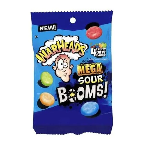 Warheads Mega Sour Booms 4 Fruity savanyú gyümölcsízű cukorka 71 g-os zacskóban